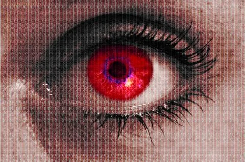 Futuristic red eye with matrix texture looking at viewer Stock Photos