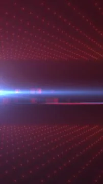 Futuristic red grid with glowing dots and light beam across a dark virtual sp Stock Illustration