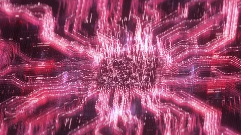 Futuristic Red Microchip Microprocessor Digital Network Signal Transmission Vidéo 344086923