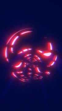 Futuristic red neon orb with reflective light arcs forming a tunnel-like sp.. 스톡 일러스트