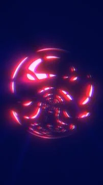Futuristic red neon orb with reflective light arcs forming a tunnel-like sp.. Illustrazione stock