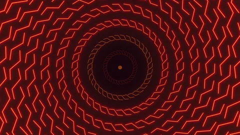Futuristic red neon tunnel with rotating concentric zigzag rings and glowing Stock Footage 334140585