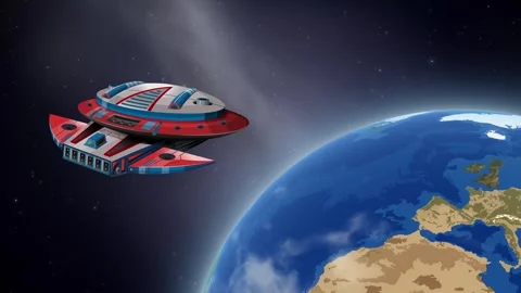 Futuristic Red Spaceship Orbiting Planet Earth and Moon in Deep Space Stock Footage 345311085