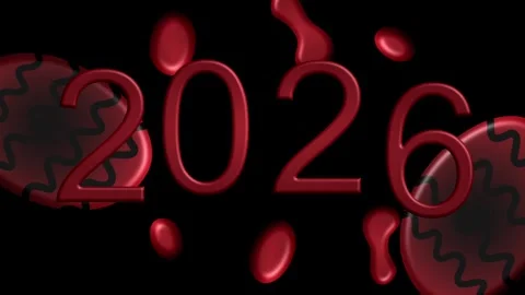 Futuristic red typography 2026 surrounded by floating abstract Stock Footage 321478535