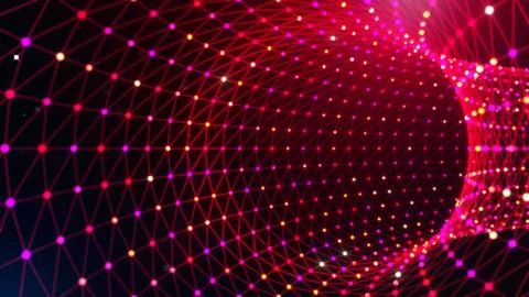 Futuristic Red Wireframe Wormhole Tunnel With Glowing Network Particles Bac.. Stock Illustration