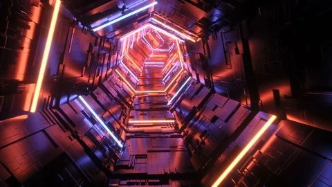 Futuristic reflective metal tunnel loop with glowing red and blue neons Stock Footage 121461421