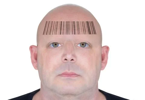 Futuristic rendering of a man's face with a barcode on his forehead. Conceptual  Foto stock