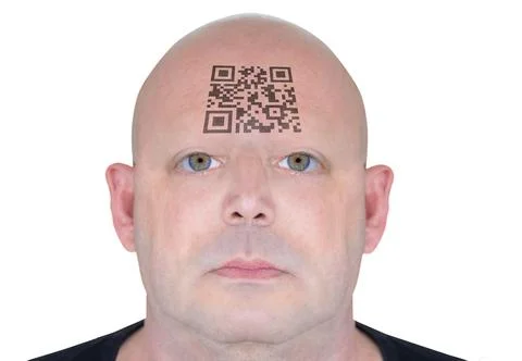 Futuristic rendering of a man's face with a barcode on his forehead. Conceptual  Foto stock