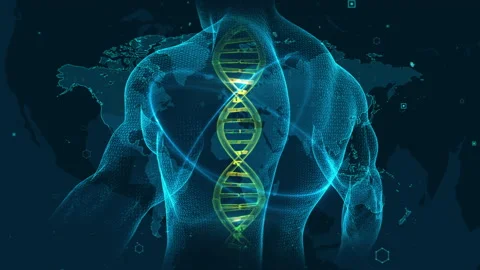 Futuristic Representation of DNA and Human Anatomy with World Map Overlay 스톡 동영상 344111746