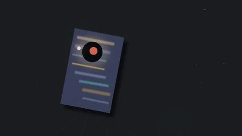 A futuristic resume-style document icon with colored lines rests on a dark,.. Illustrazione stock