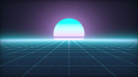Futuristic retro 80s synthwave neon grid with glowing sunset over the horizon Stock Footage 340383576