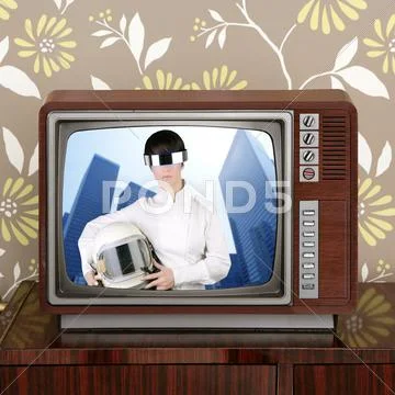 Futuristic retro contrast vintage tv future woman Stock Photos