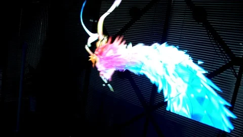 Futuristic retro digital animations of a dragon and car being on holographic fan Stock Footage 96225831