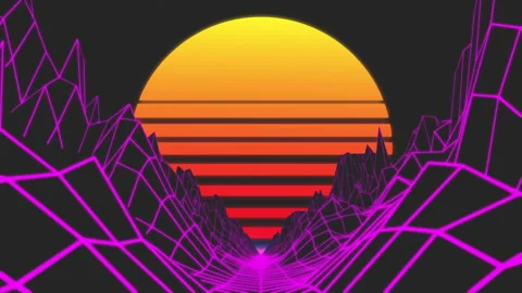 Futuristic retro landscape of the 80s. Futuristic illustration of sun with Stock Footage 212918655