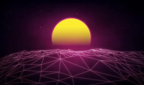 Futuristic retro landscape of the 80`s. Vector futuristic illustration of sun Ilustração Stock