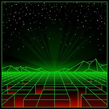 Futuristic retro landscape of the 80`s. Vector background Illustrazione stock