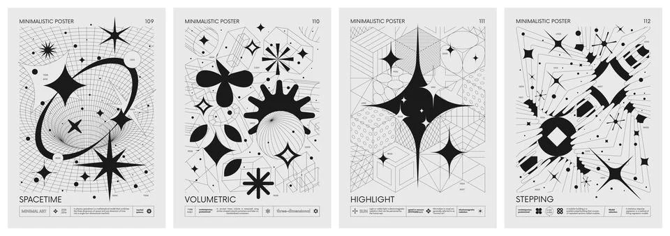 Futuristic retro vector minimalistic Posters with 3d strange wireframes for.. Stock Illustration