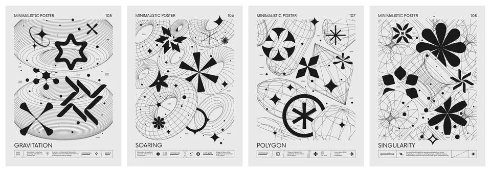 Futuristic retro vector minimalistic Posters with 3d strange wireframes for.. Stock-Illustration