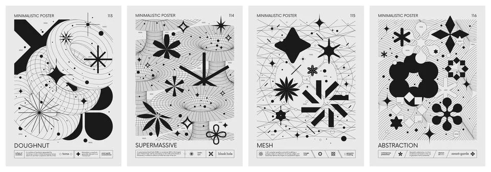 Futuristic retro vector minimalistic Posters with 3d strange wireframes for.. Illustrazione stock