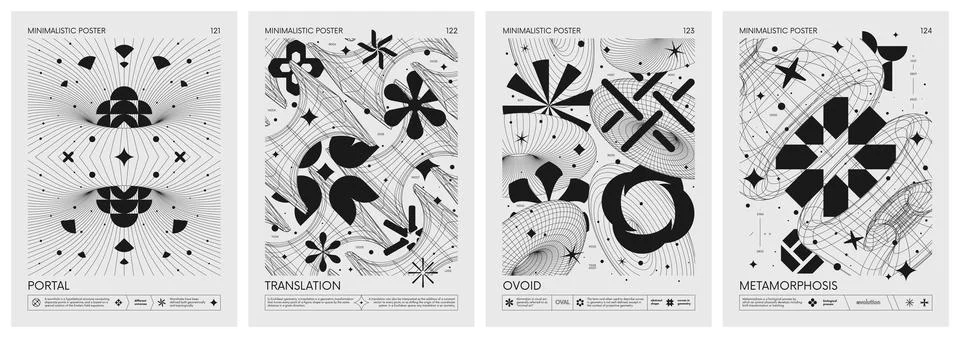Futuristic retro vector minimalistic Posters with 3d strange wireframes for.. Stock Illustration