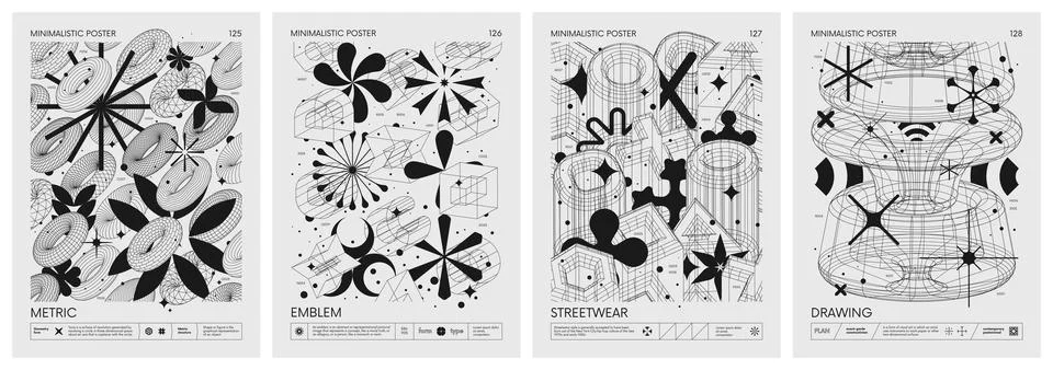 Futuristic retro vector minimalistic Posters with 3d strange wireframes for.. Stock Illustration