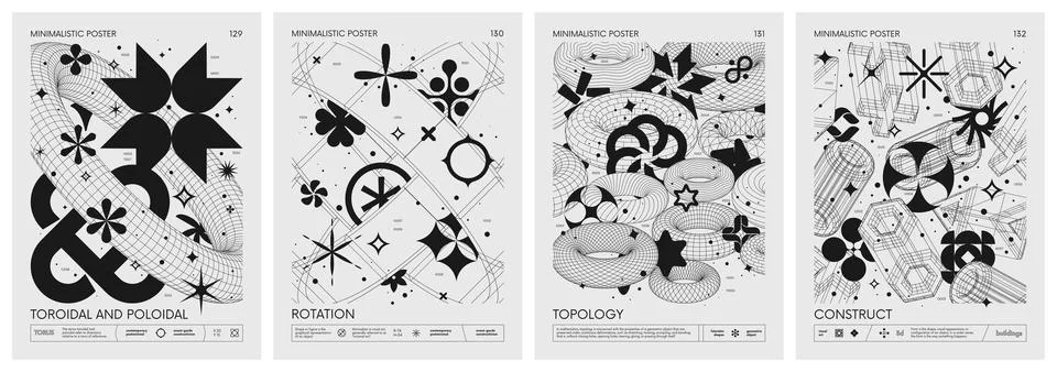 Futuristic retro vector minimalistic Posters with 3d strange wireframes for.. Stock Illustration