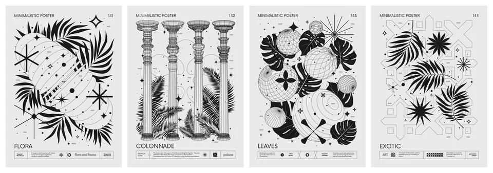 Futuristic retro vector minimalistic Posters with 3d strange wireframes geo.. Stock Illustration
