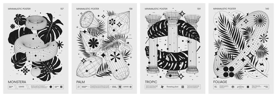 Futuristic retro vector minimalistic Posters with 3d strange wireframes geo.. Stock Illustration