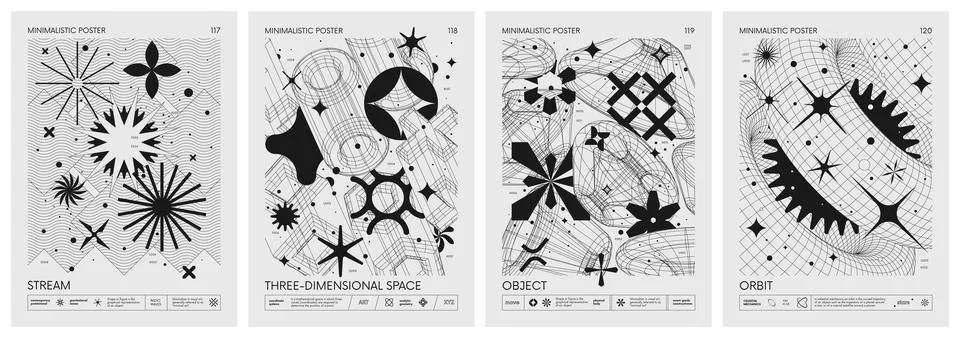 Futuristic retro vector minimalistic Posters with 3d strange wireframes for.. Stock Illustration