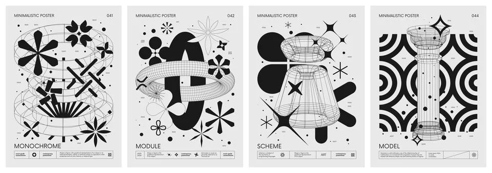 Futuristic retro vector minimalistic Posters with strange wireframes graphi.. Stock Illustration