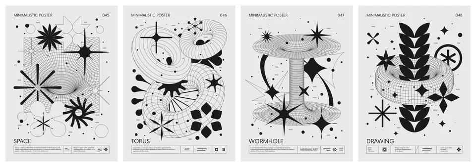 Futuristic retro vector minimalistic Posters with strange wireframes graphi.. Stock Illustration