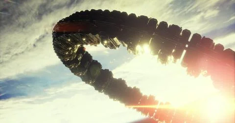 Futuristic ring structure glowing in sunlight against a bright sky Stock Illustration