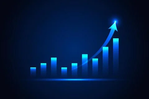 Futuristic Rising Bar Graph with Upward Arrow on Dark Background Illustrazione stock