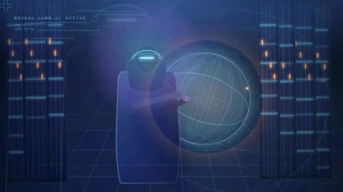 Futuristic Robed Figure Interacting with Glowing Holographic Globe in Digital 库存影片 341454858