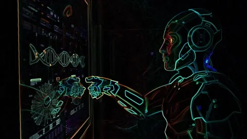 Futuristic Robot is Activated with Hologram Panel Scanning. Touch Screen Scan Stock Footage 151993837