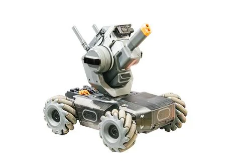 Futuristic robot with advanced technology, featuring cylindrical body, mech.. 스톡 사진