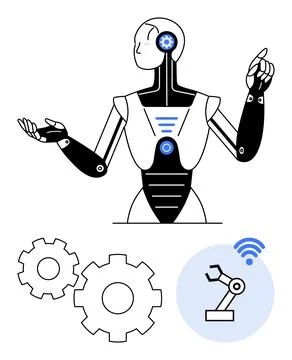 Futuristic Robot with AI Technology and Mechanical Gear Elements Highlighti.. Stock Illustration