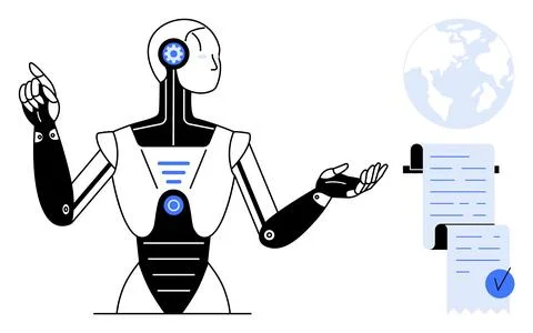Futuristic Robot Analyzing Data with Globe and Document Icon Stock Illustration