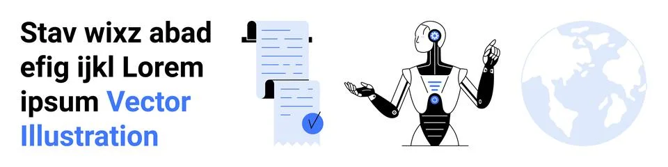 Futuristic Robot Analyzing Documents with World Map Background for AI and T.. 스톡 일러스트