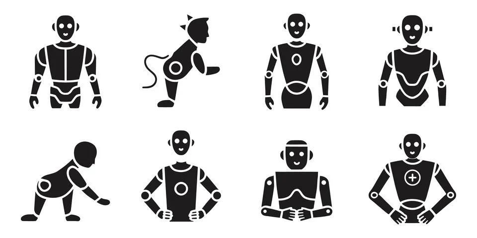 Futuristic Robot And Android Icon Set With Artificial Intelligence Technolo.. Stock Illustration