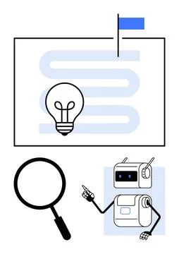 Futuristic Robot and Light Bulb next to Maze with Flag and Magnifying Glass.. Stock Illustration