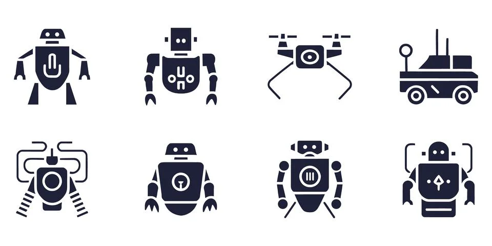Futuristic Robot And Smart Machine Icon Set With Artificial Intelligence Te.. Stockillustratie