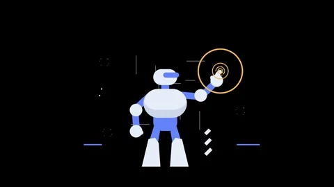 Futuristic Robot Animation with HUD Interface on Black Background Stock Footage 332106197