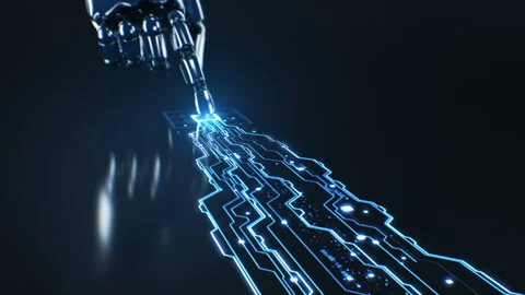 Futuristic Robot Arm Activates Artificial Intelligence. Robotic Finger Touches Stock Footage 235011388