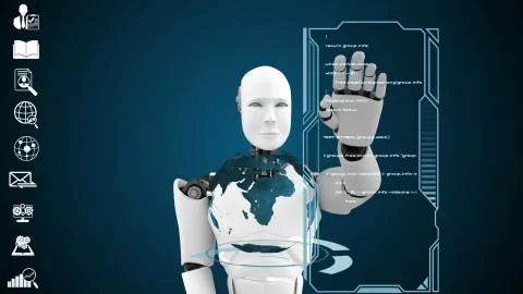 Futuristic robot, artificial intelligence CGI big data analytics and programming Illustrazione stock