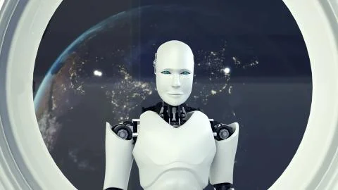 Futuristic robot, artificial intelligence CGI inside spaceship in space universe Stock Illustration