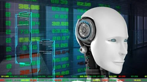 Futuristic robot, artificial intelligence CGI for stock exchange market trading Illustrazione stock