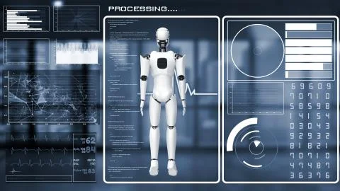 Futuristic robot, artificial intelligence CGI big data analytics and programming Stock Illustration