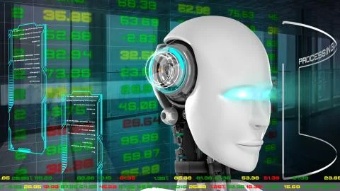 Futuristic robot, artificial intelligence CGI for stock exchange market trading Illustrazione stock