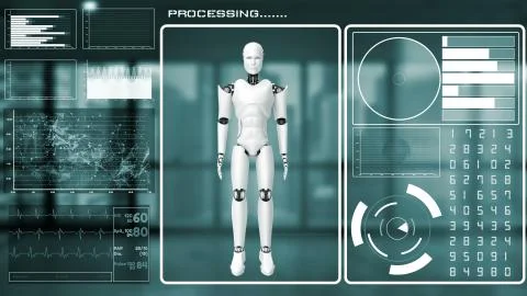 Futuristic robot, artificial intelligence CGI big data analytics and programming Stock Illustration